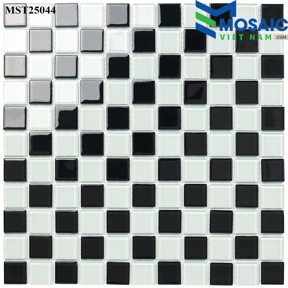 Gạch Mosaic Thủy tinh trộn 2 màu đen trắng bàn cờ 25x25mm MST 25044
