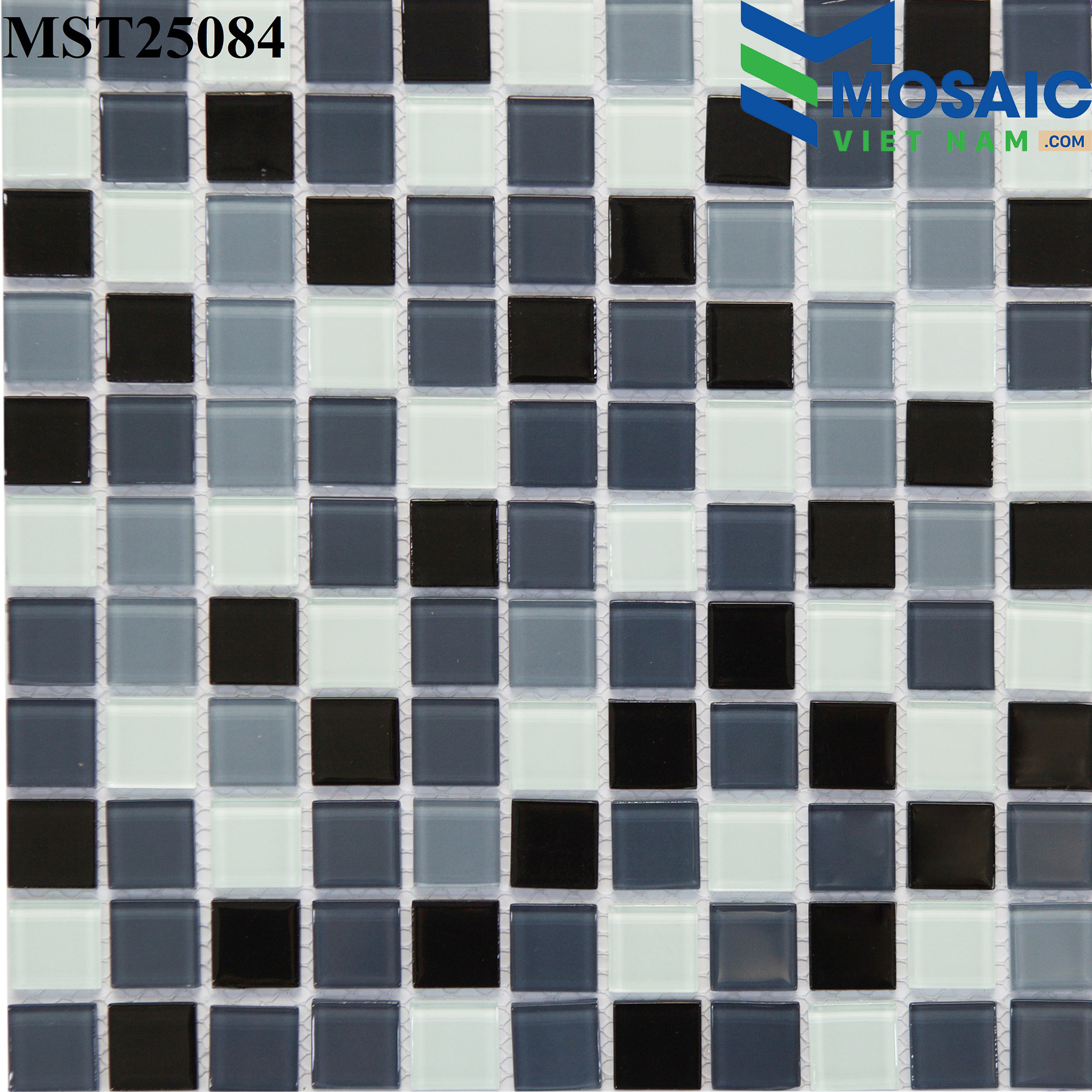 Gạch Mosaic Thủy tinh trộn 3 màu đen+ghi+trắng 25x25mm MST 25084