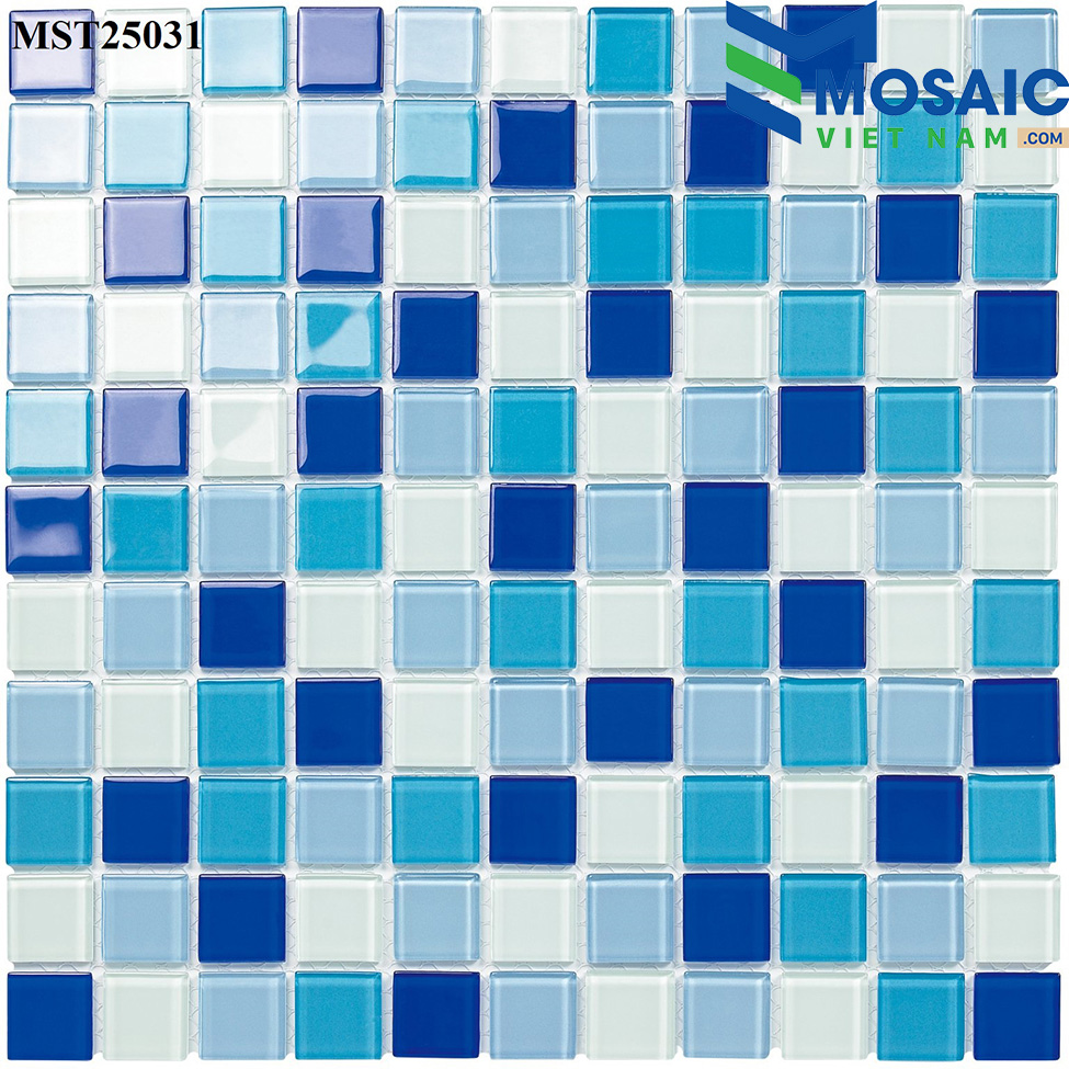 Gạch Mosaic Thủy tinh trộn 3 màu xanh + 1 màu trắng 25x25mm MST 25031