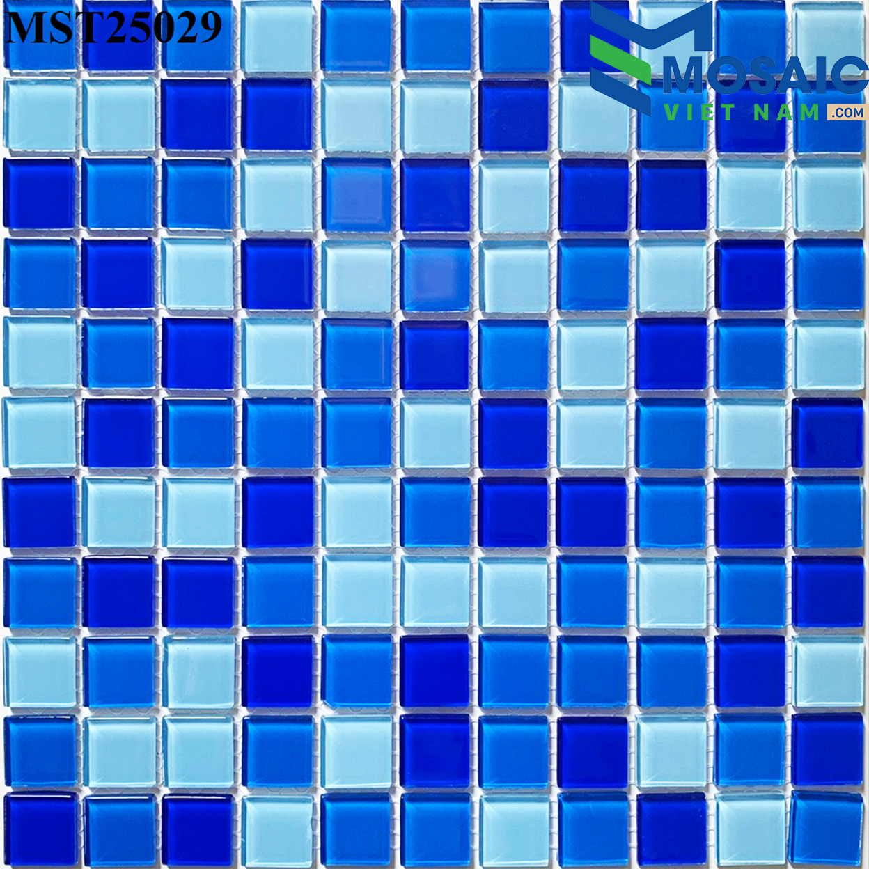 Gạch Mosaic Thủy tinh trộn 3 màu xanh 25x25mm MST 25029
