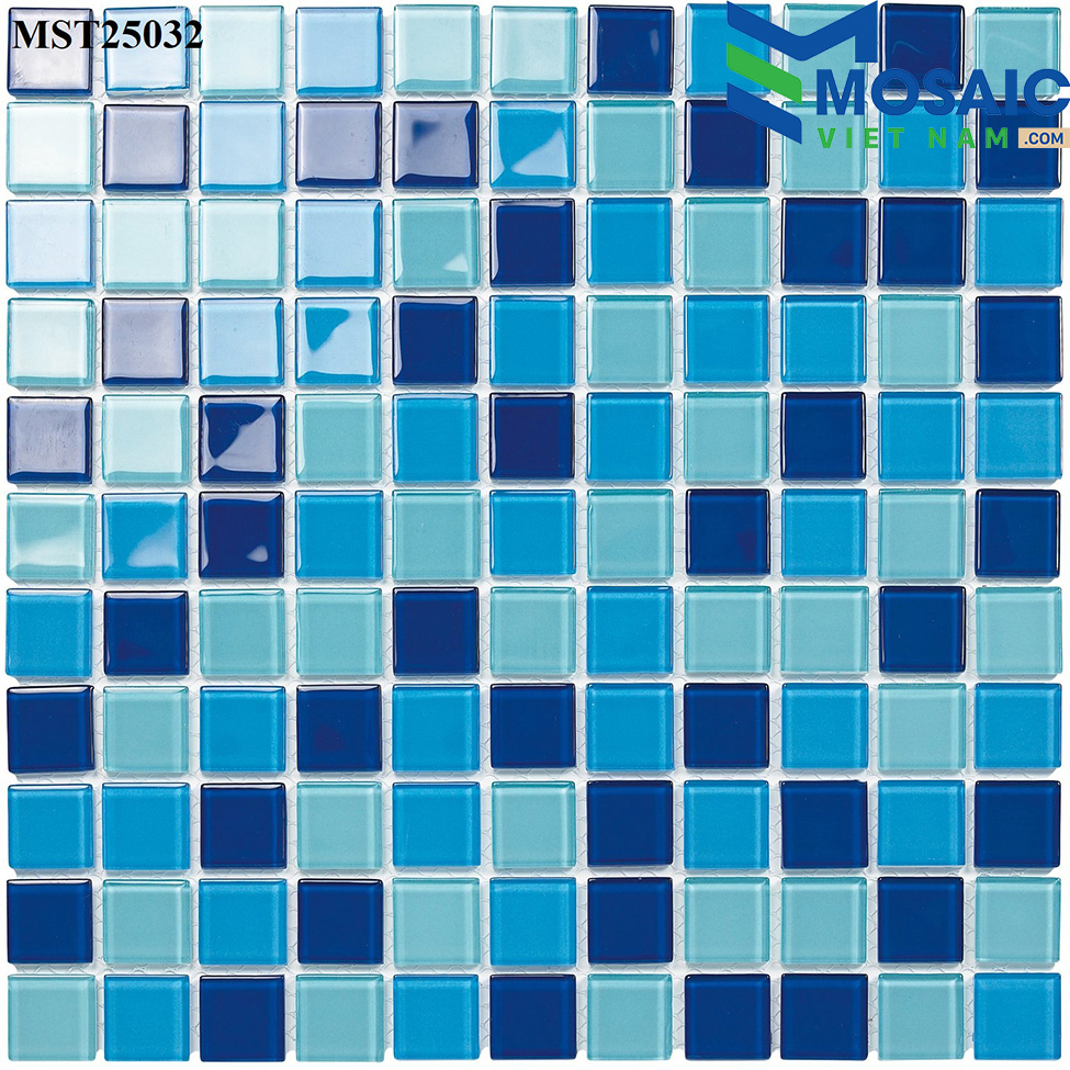 Gạch Mosaic Thủy tinh trộn 3 màu xanh ngọc 25x25mm MST 25032
