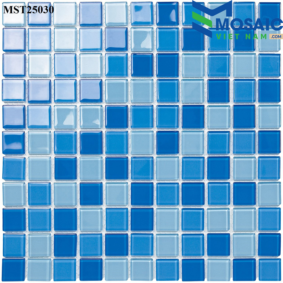 Gạch Mosaic Thủy tinh trộn 3 màu xanh nhạt 25x25mm MST25030